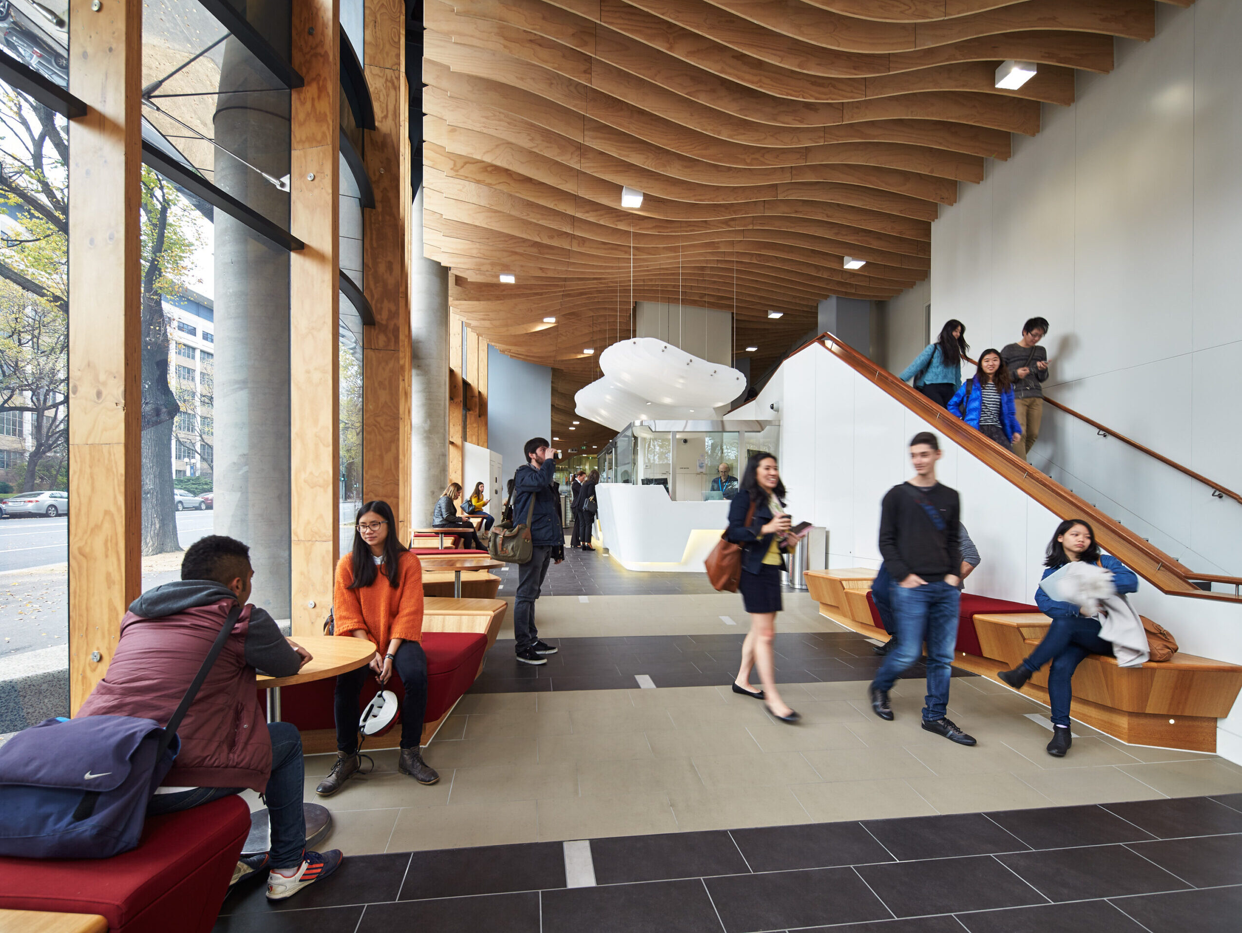 Doherty Institute building foyer with people passing through.
